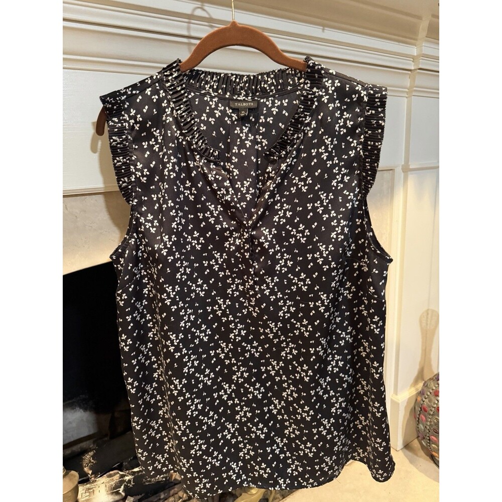 Talbots Womens Black White Abstract V-Neck Sleeveless Blouse Top Size XL